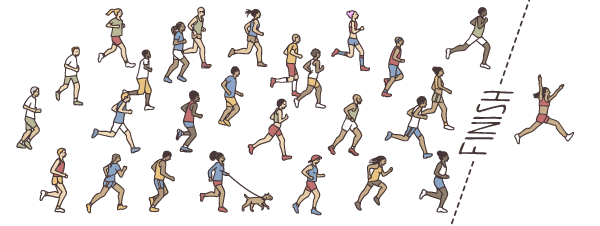 Illustration of a bunch of office workers finishing a marathon.