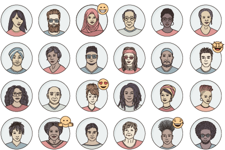 Illustration of a grid of circles containing a diverse group of employees. In the top right corner of one, a smile emoji appears. In others, star-eyes, heart-eyes, hugging face, and laughing face emojis appear.