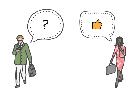 Illustration of two employees walking while looking at their smartphones. One has a speech bubble containing a question mark, while the other has a speech bubble containing a lightbulb.
